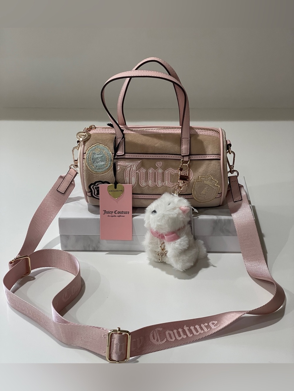 Juicy Couture Study In Style Buff Beige Barrel Bag with Plush Charm